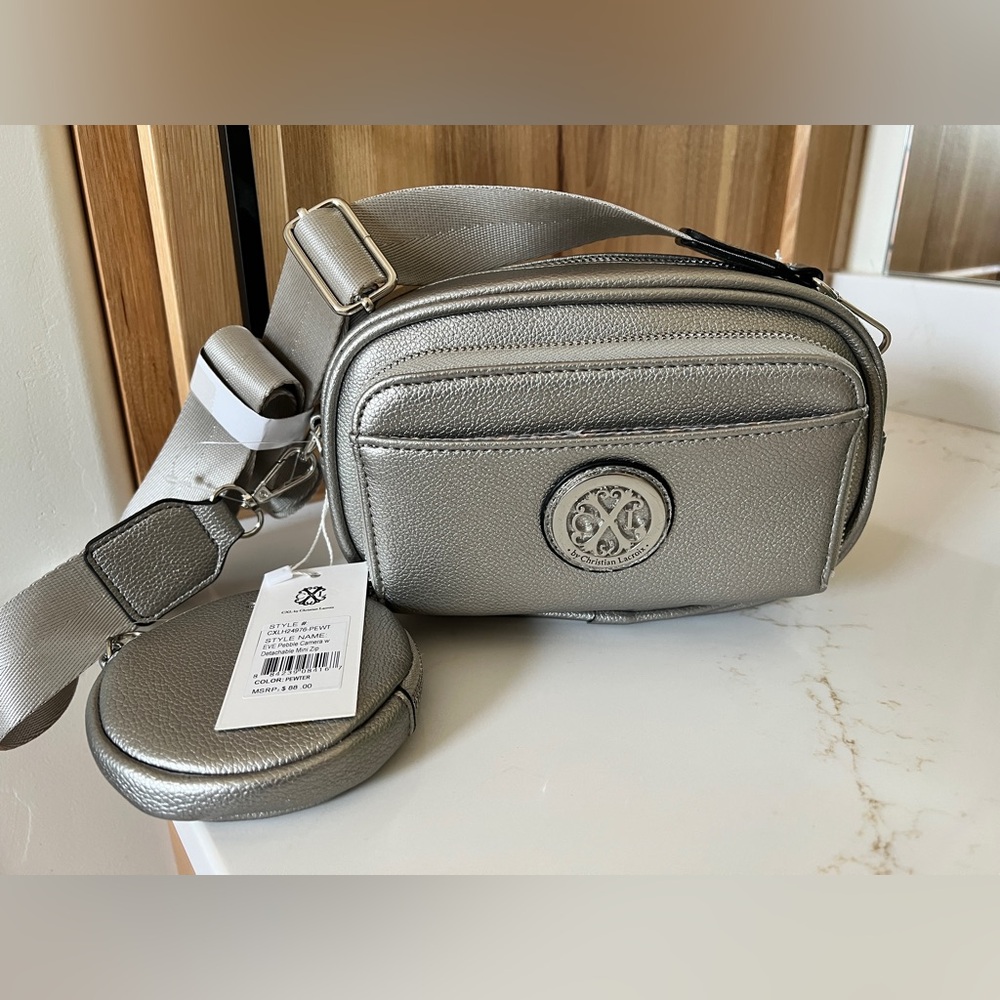 Christian Lacroix Pebble Pewter Camera crossbody with detachable mini coin